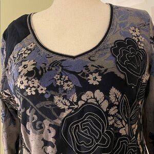 Vanilla Sugar vintage black/blue/gray lace embroidered pullover w 3/4 sleeves